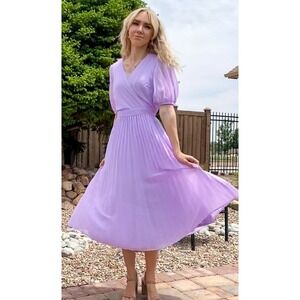 MEROKEETY Purple V Neck Maxi Dress Womens S Puff Short Sleeve Pleated Flowy NWT
